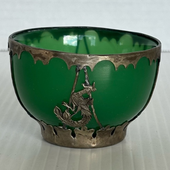 Chinese Green jade colored glass Bowls Metal Mount with Dragon & Phoenix vintage - Picture 3 of 9